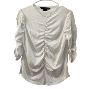 VERONICA BEARD JEANS White Ruched V Neck 3/4 Sleeve Pima Cotton T Shirt Size S